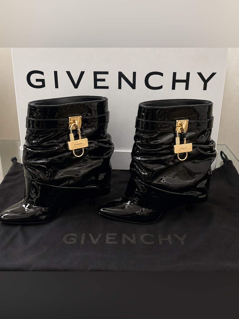 Givenchy Black Patent Ruched Ankle Boots with Gold Padlock Detail